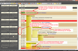 Screenshot der Calefly-Kalenderansicht mit Erläuterung einiger Spezial-Features der Software Calefly