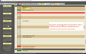 Demonstration der Filterfunktion von Calefly: Hier der zweite Screenshot mit aktiviertem Filter. Man sieht, dass die gefilterten Termine, die einen bestimmten Suchbegriff enthalten, anders als im ersten Vergleichsscreenshot sofort auf einen Blick erkennbar sind und nicht erst lange mit dem Auge gesucht werden müssen.