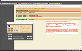 Screenshot der Filterfunktion von Calefly mit Demonstration der Wirksamkeit in der Calefly-Listenansicht.